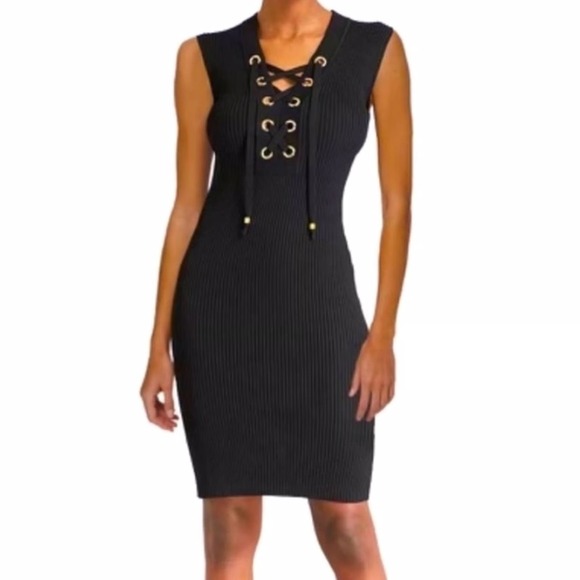 Michael Kors Dresses & Skirts - MICHAEL Michael Kors Sz L Black Ribbed Knit‎ Lace-Up Sweater Dress Bodycon